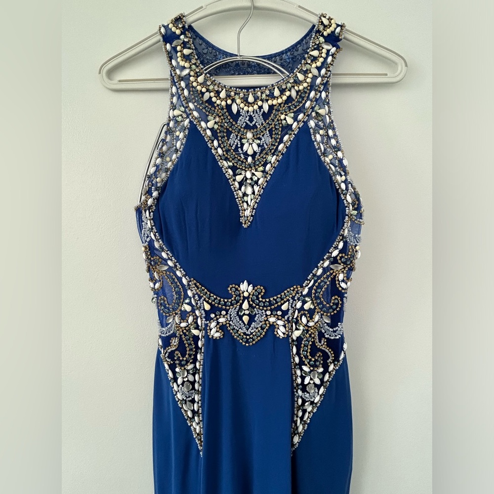 Royal Blue jersey dress. Size 2, 57” in front, 63” in back w/ train.